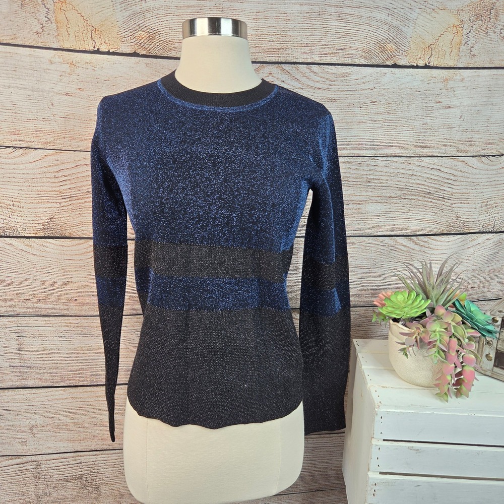 Tory Burch Lurex Block Metallic Blue Black Striped Crew Neck Sweater 41153656